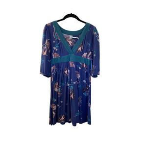 Kimchi blue/ urban outfitters high waist 3/4 sleeve dress blue floral size small